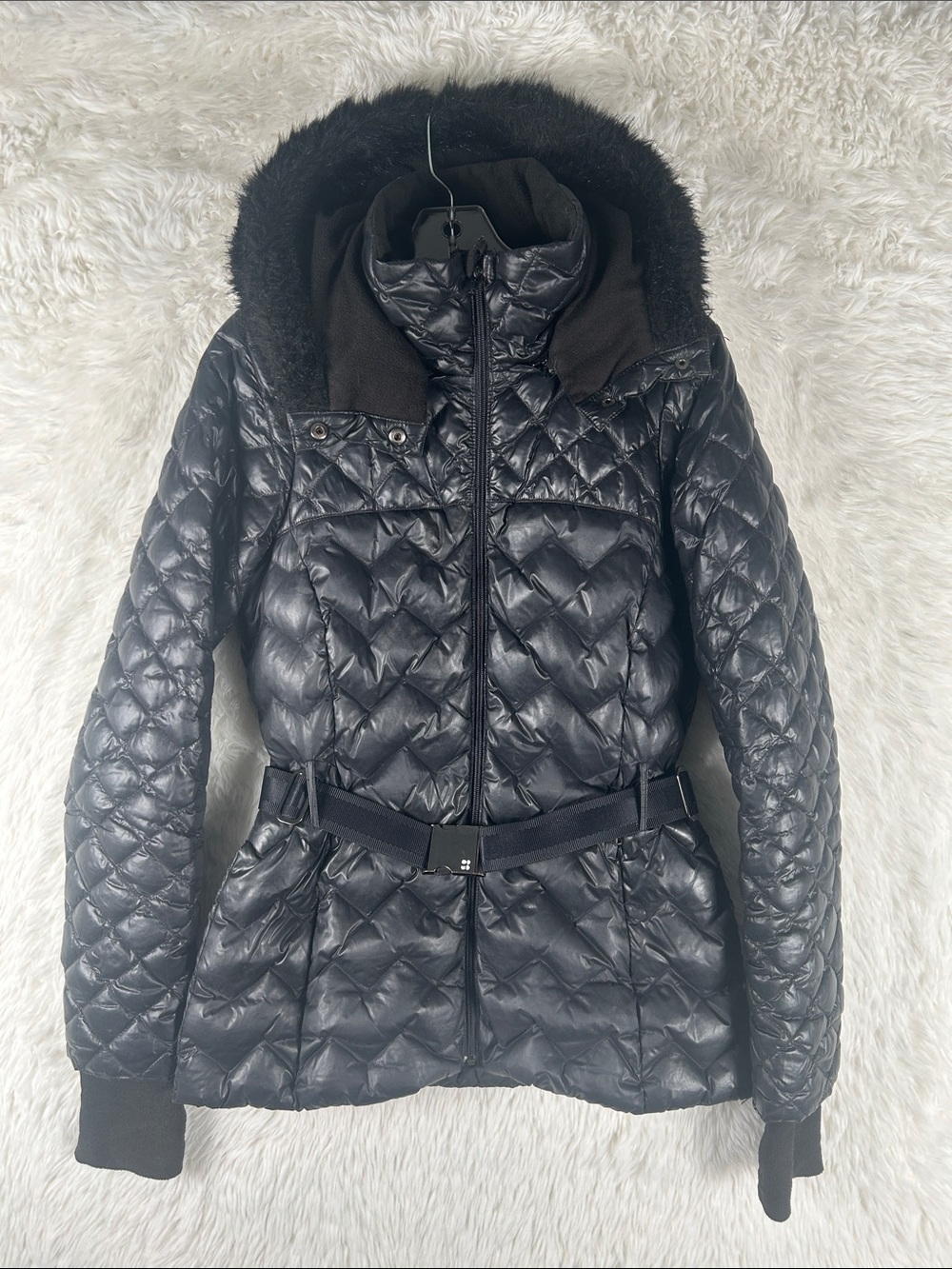 Sweaty Betty Black Quilted Belted Puffer Jacket with Faux Fur Trim